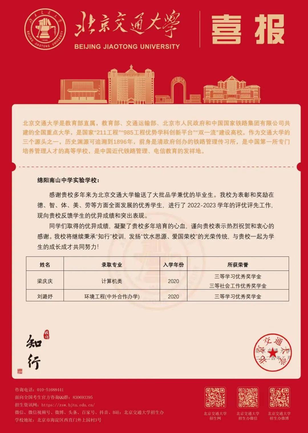 喜报五华中科技大学北京交通大学中国民航飞行学院向南实发来喜报
