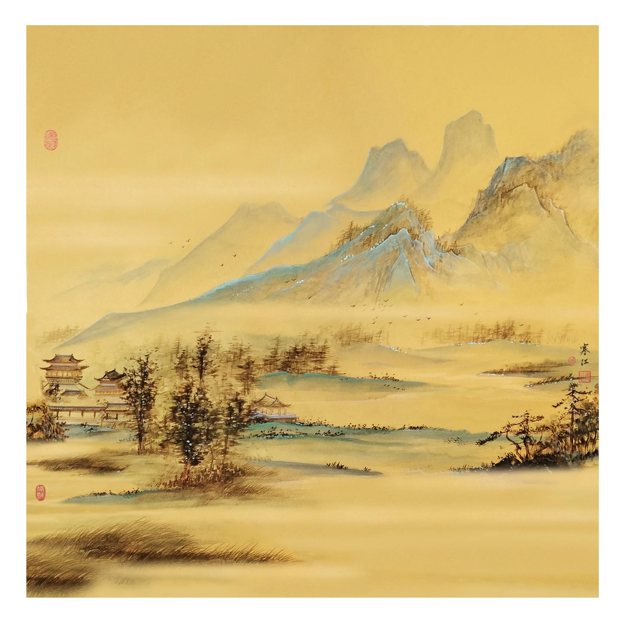 界画寒江小写意青绿山水界画四幅