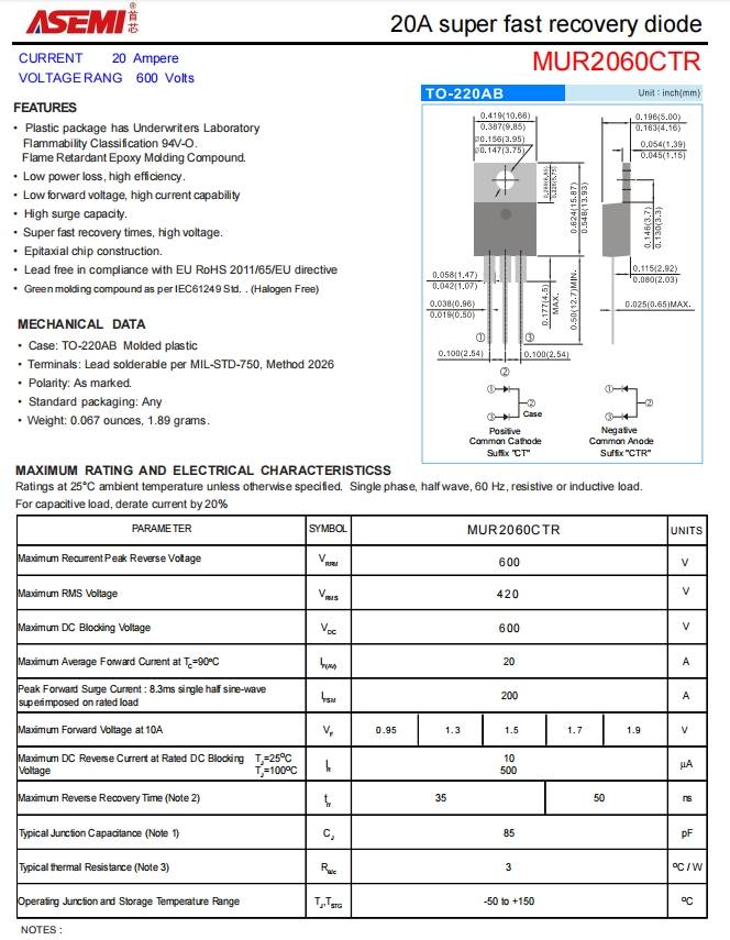 mur2060ctr快恢复二极管描述:储能专用逆变箱逆变器ai智能无人机m