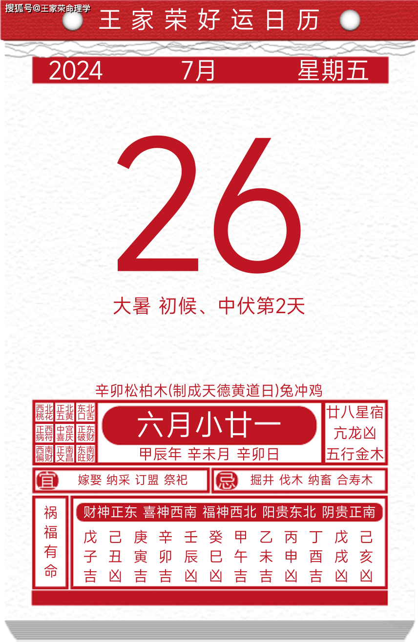 今日黄历运势吉日2024年7月26日