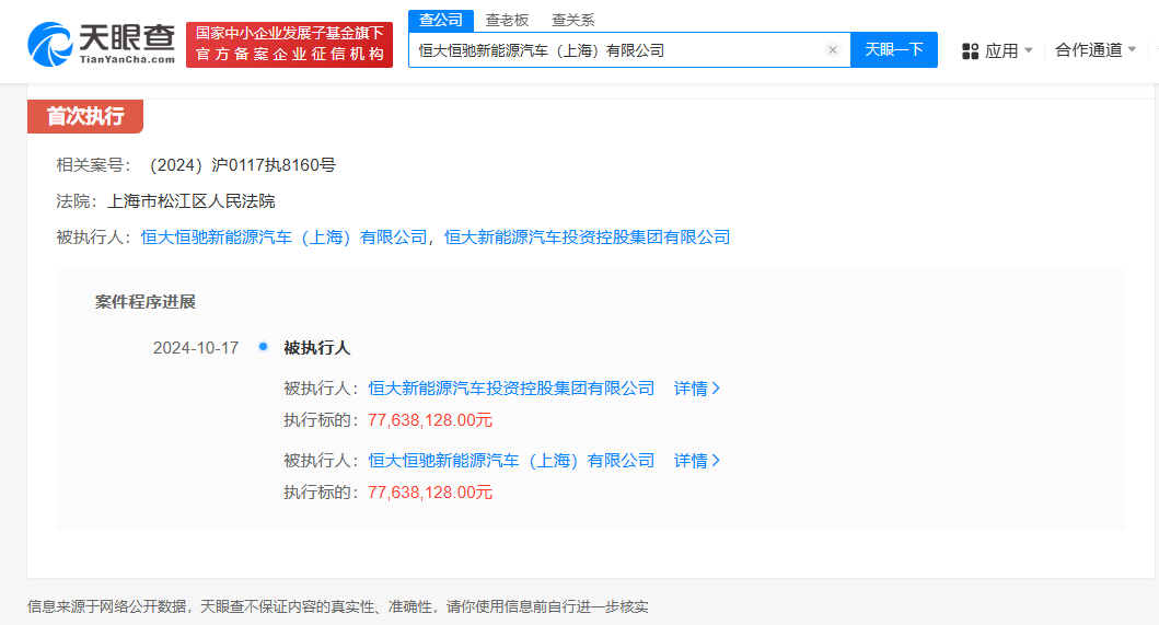 恒大新能源汽车投资公司等被强执7763万