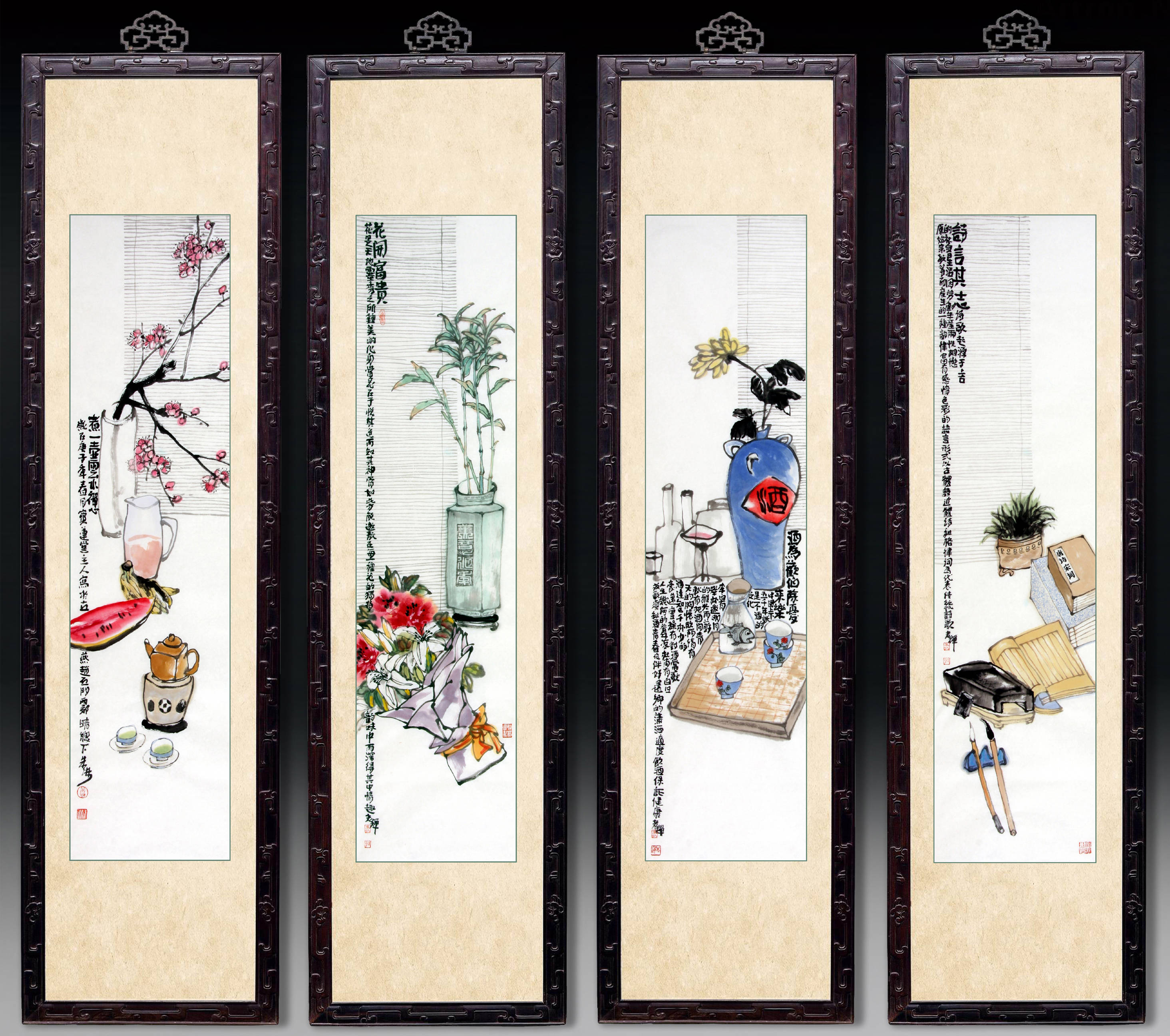 《诗酒花茶》136x34cm· x4 ·朱琳作品