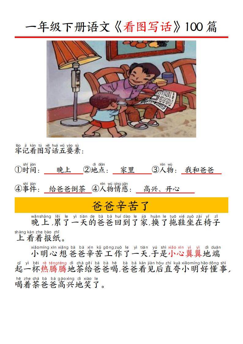 包含一年级语文看图写话入门50篇（带拼音）的词条