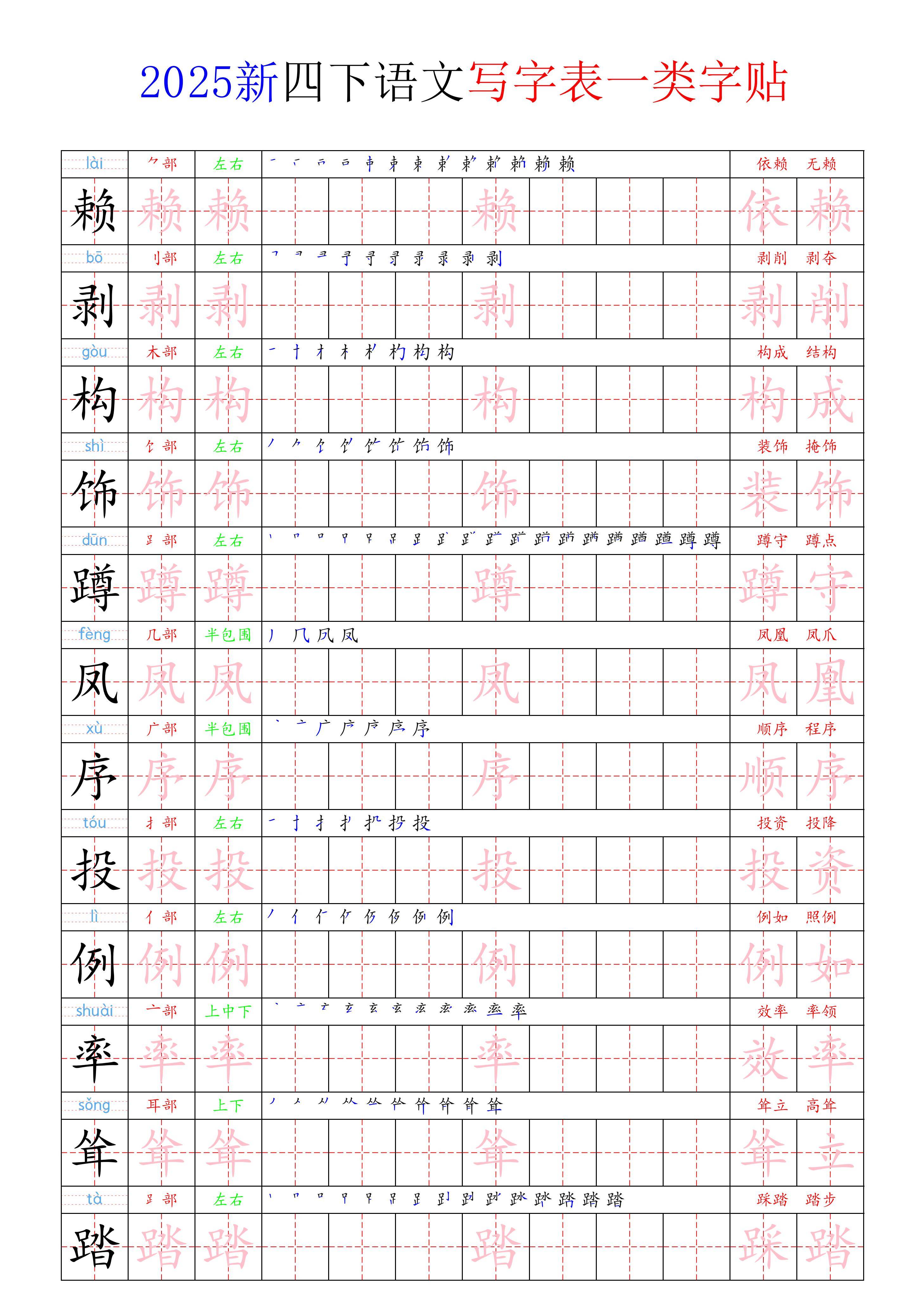 四年级下册语文写字表一类字贴21页