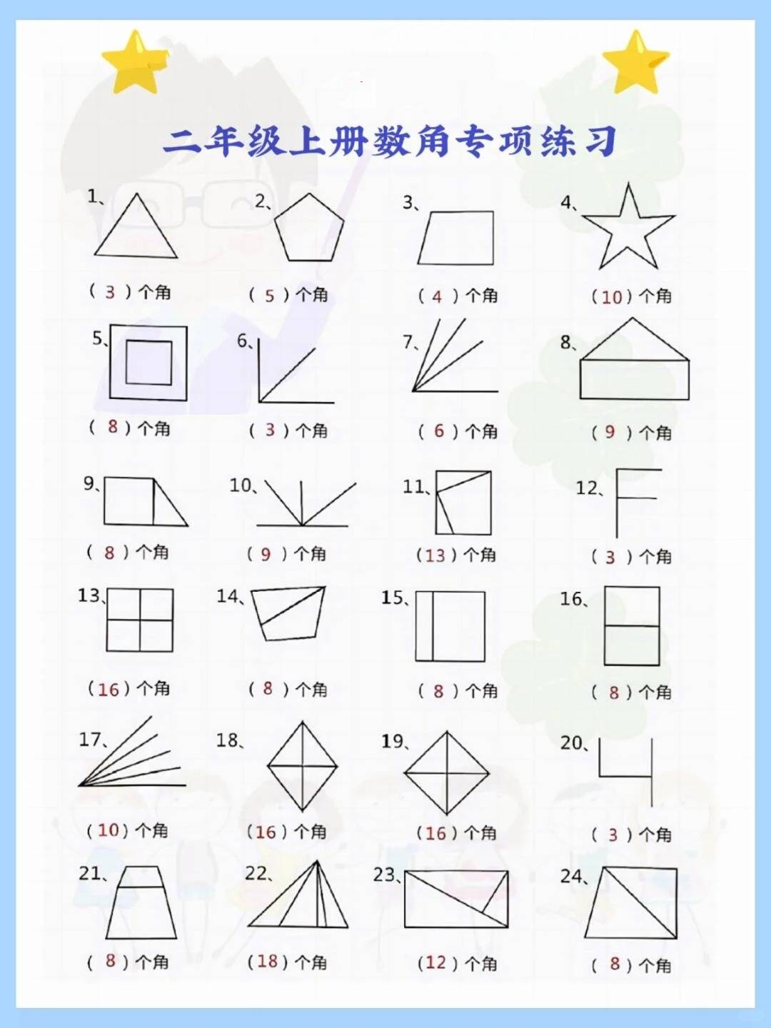 二年级上册数学角的初步认识之数角专项练习