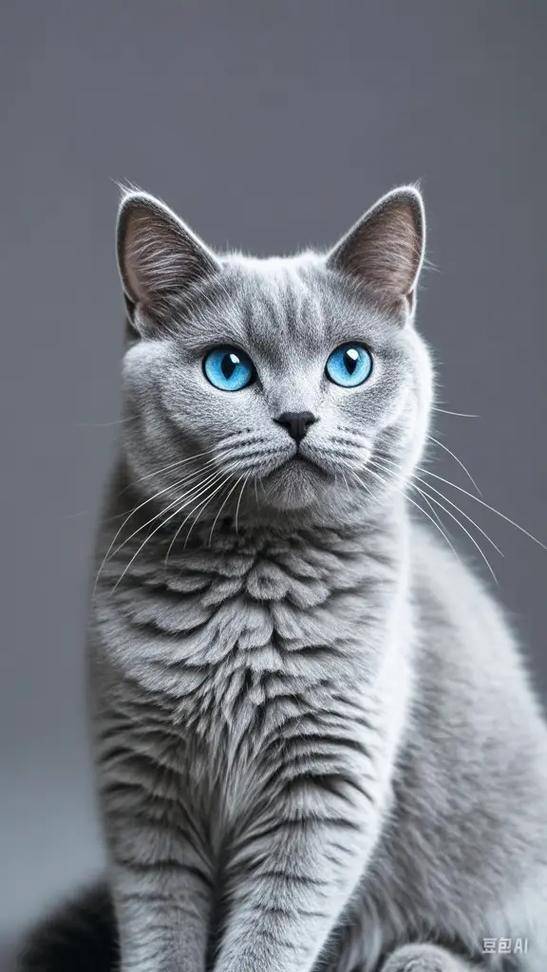 俄罗斯蓝猫: 拥有独特的银蓝色短毛,绿色大眼睛和纤细优雅的体型