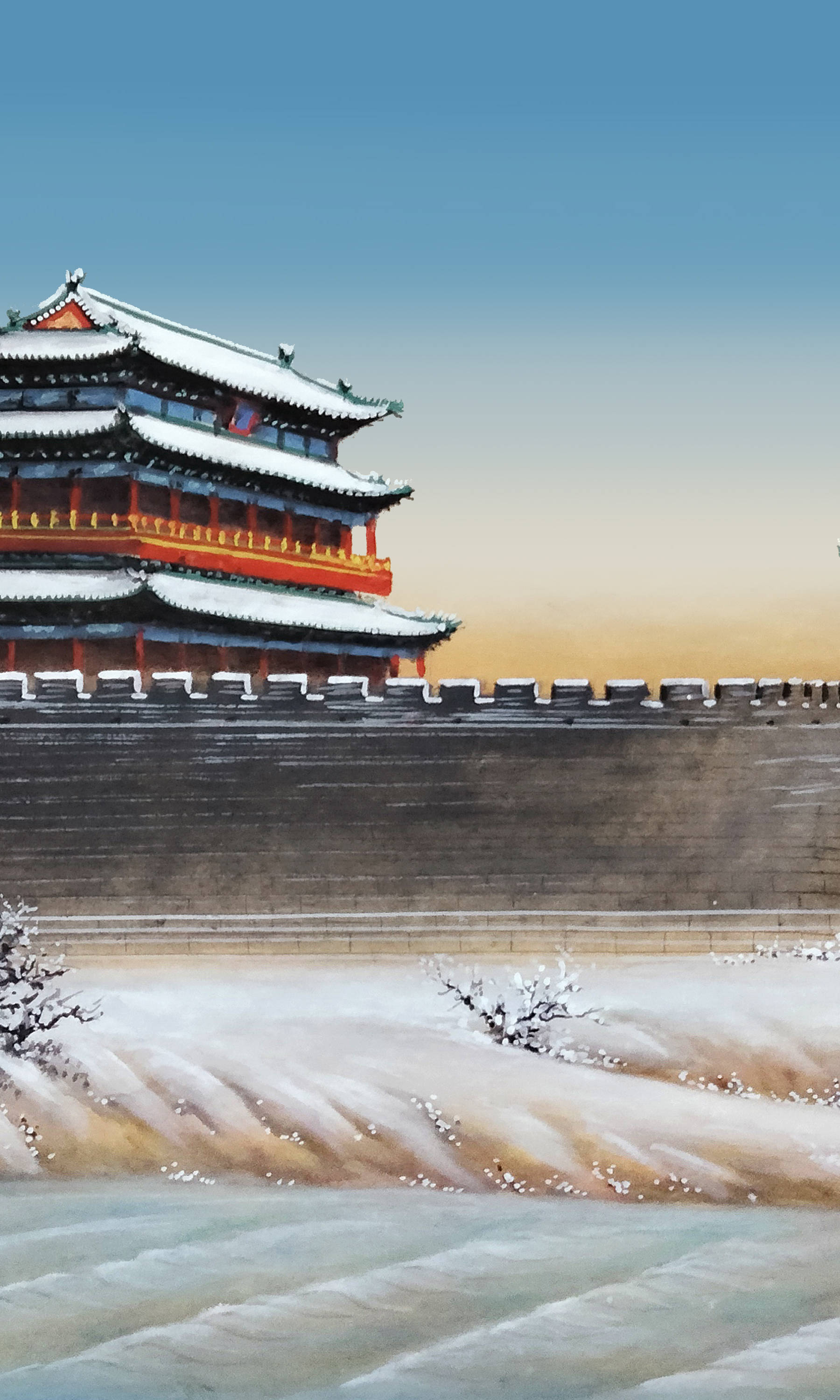 界画寒江---工笔界画《北京中轴线广安门雪景》纸质仿古熟宣尺寸