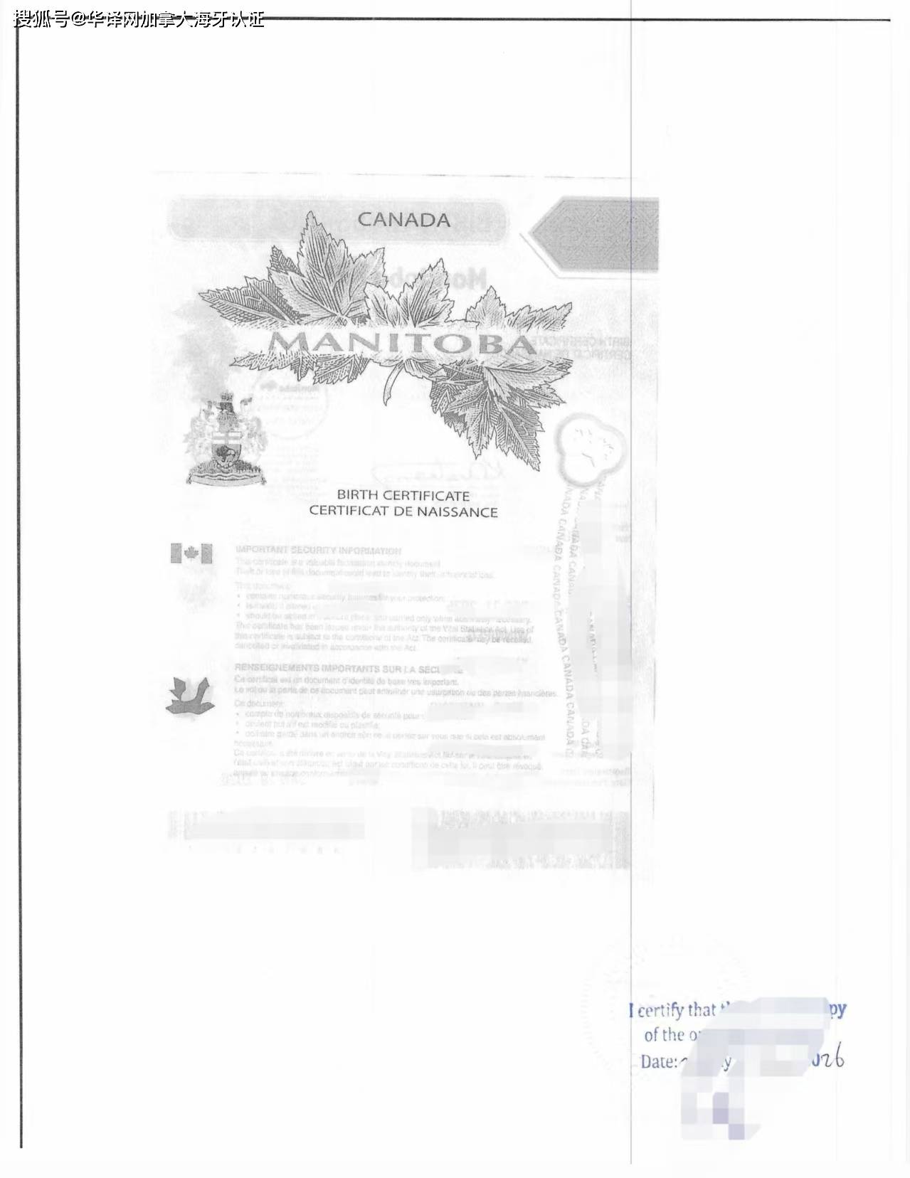曼省出生证外省文件在安省办理海牙认证翻译