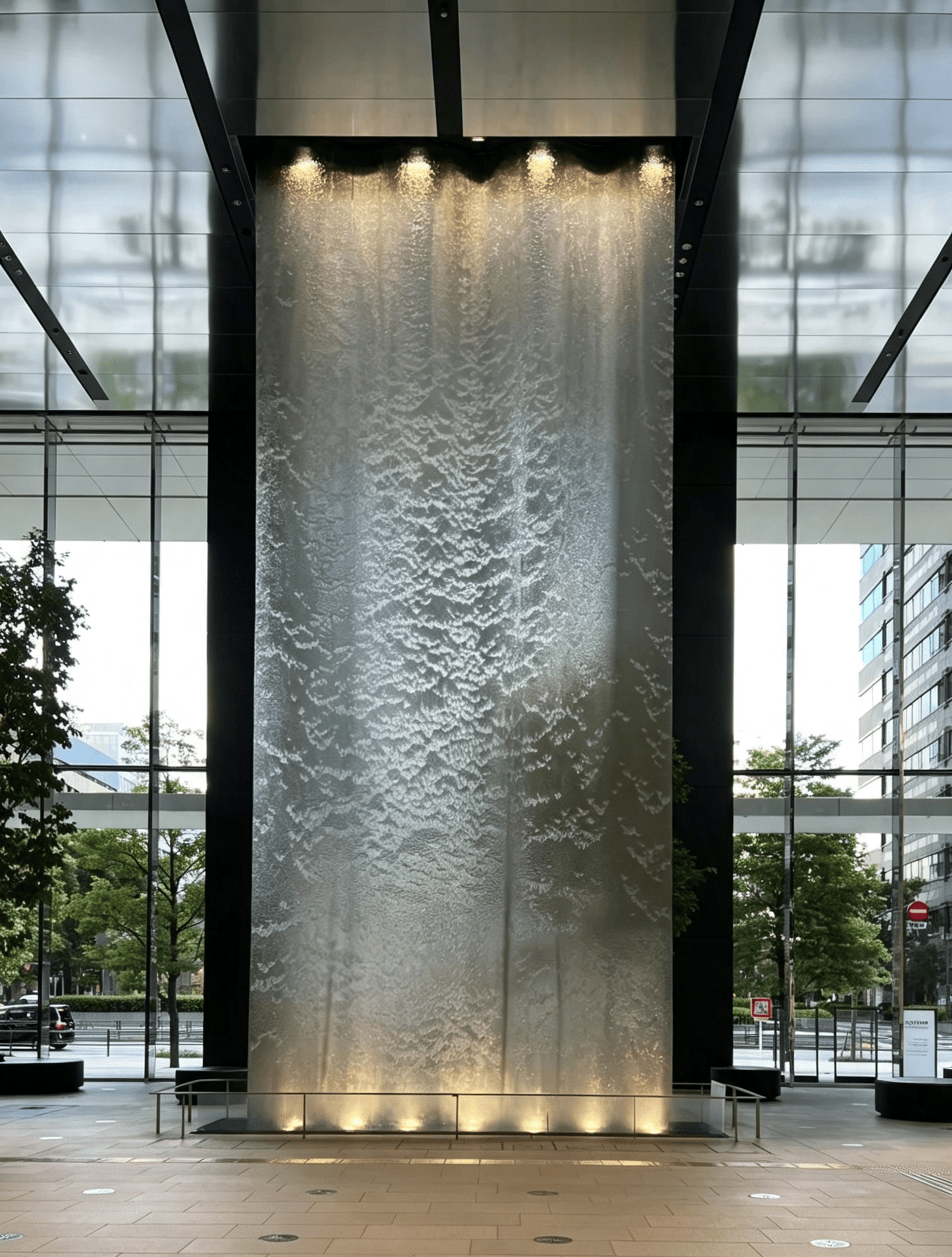 一帘流水，半幕清欢️｜钢丝网水幕的东方留白_乔木_建筑_意境