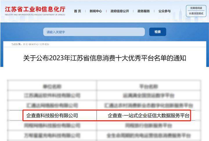 企查查入选2023年江苏省信息消费十大优秀平台(图1)