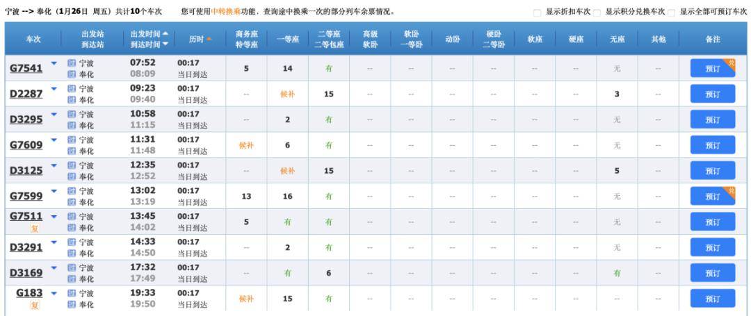 12306官網上已開始起售1月26日以後奉化站車票.