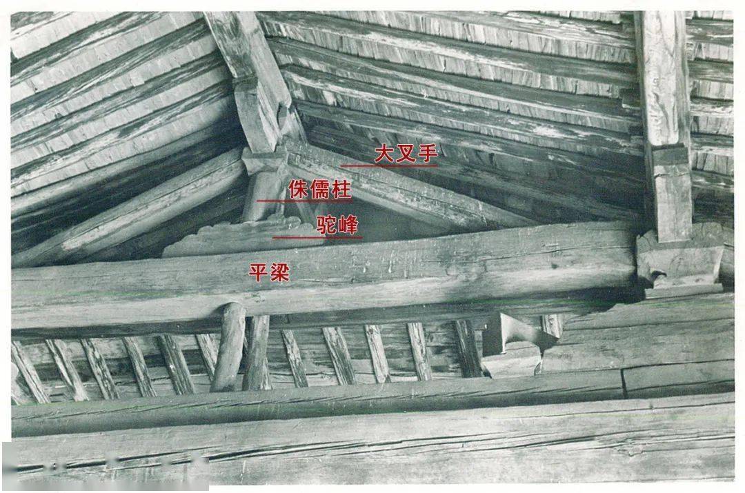 图4 1953年 南禅寺大殿平梁,侏儒柱,大叉手(中国文化遗产研究院藏)图5