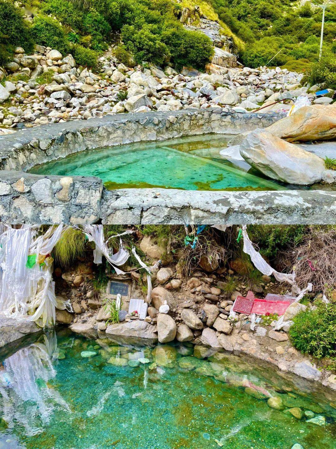 行至这里可以泡温泉休息一下,泉外是奔腾的河水,险峻的峡谷以及条条