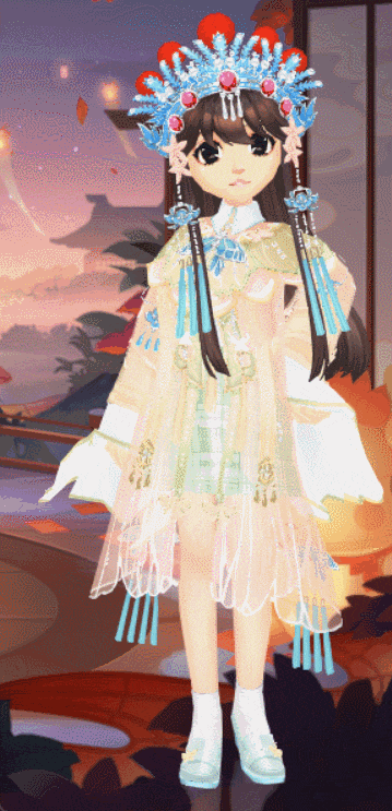 一袭水袖丹衣,华丽重工的刺绣云肩与素雅的色调制服结合,透露出少女的