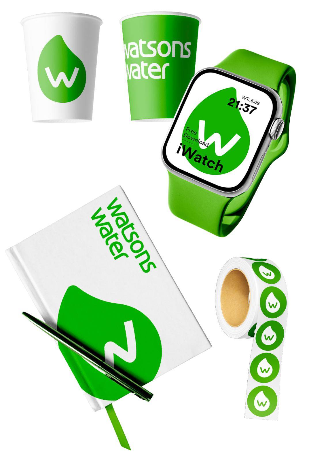 比如包包,手机壳,水杯,纸杯,衣服等等,甚至将水滴品牌形象融入iwatch