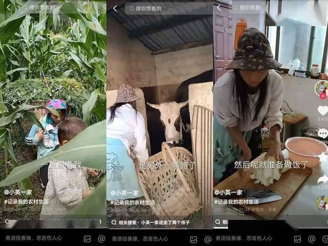 早上起床后先去捡核桃,再骑三轮车带着两个孩子去玉米地里割草,背着