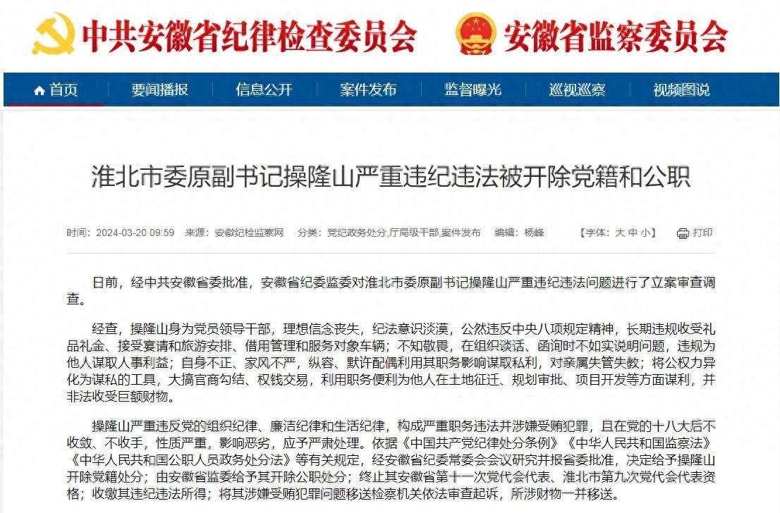安徽一市委原副书记被处分