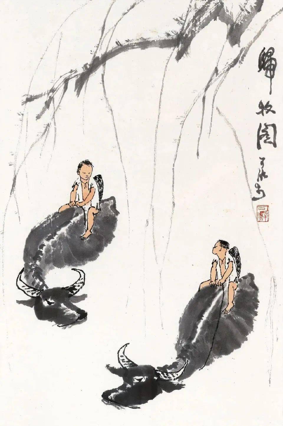 中国古美術・純手描き牧牛図三尺画芯・水墨画・李可染印款・書道品・宣紙・带水印 中国古美術・純手描き牧牛図三尺画芯・水墨画・李可染印款・書道