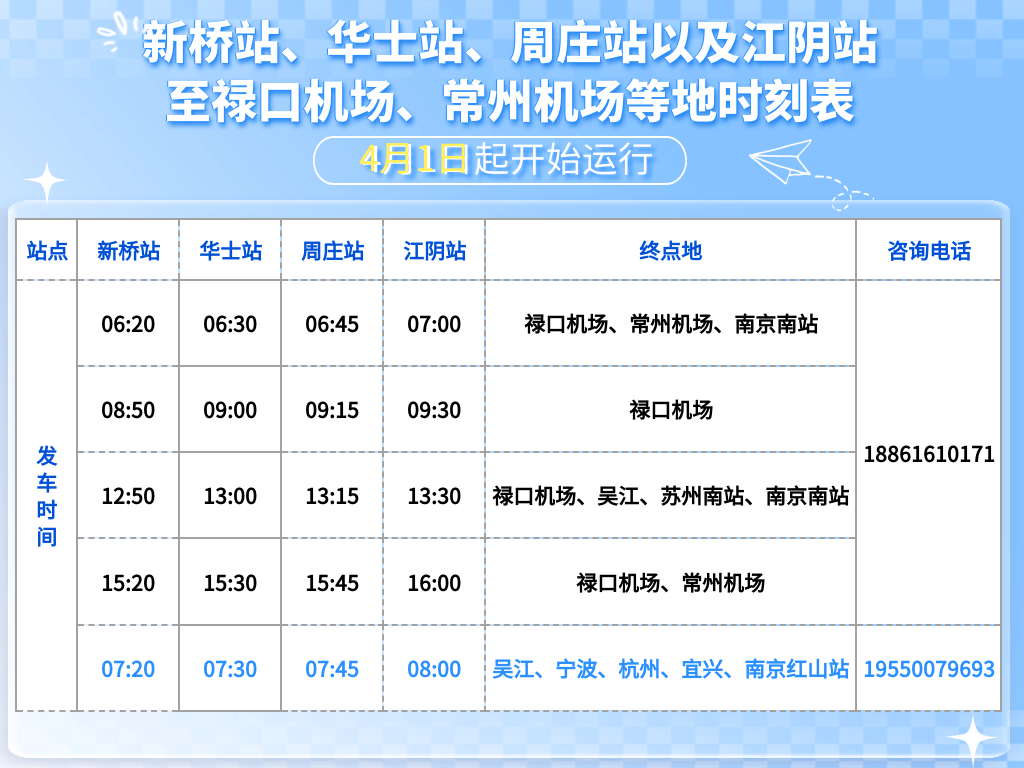 新桥,华士,周庄至禄口,常州机场时刻表来了