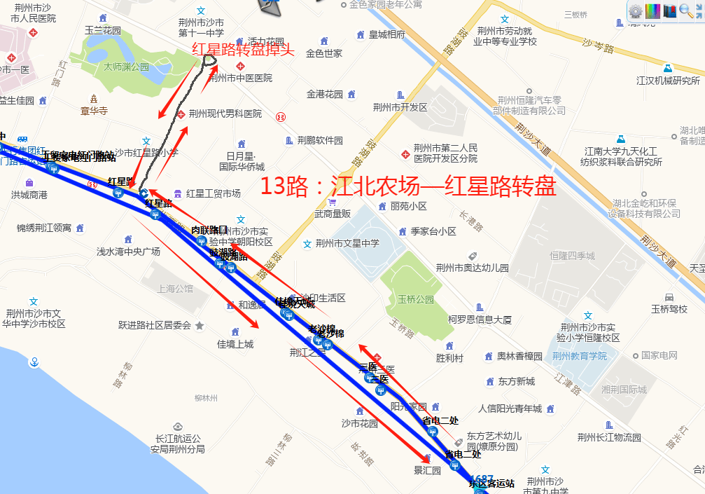 13路:红星路转盘—江北农场,途经路段:红星路—北京路—荆监一级路