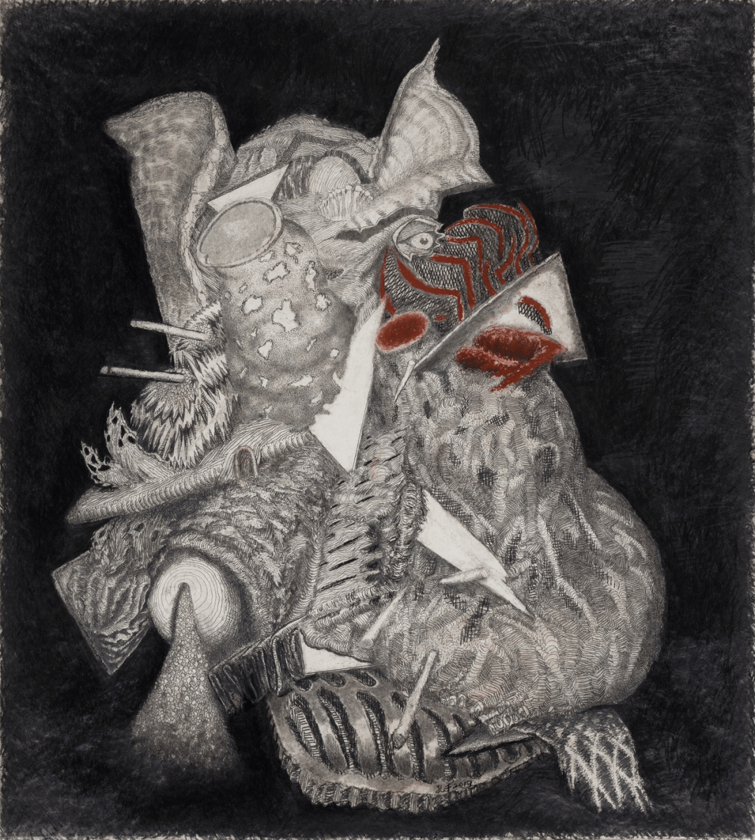 德国纸浆板,铅笔,炭条 80×76cm孔千 苹果里的秘密 2019 纸浆板素描