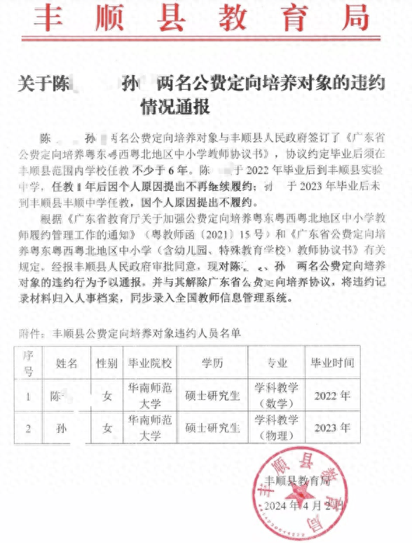 梅州通报两名未履约公费生