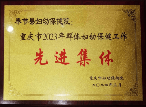 奉节县妇幼保健院荣获重庆市群体妇幼保健工作先进集体荣誉称号