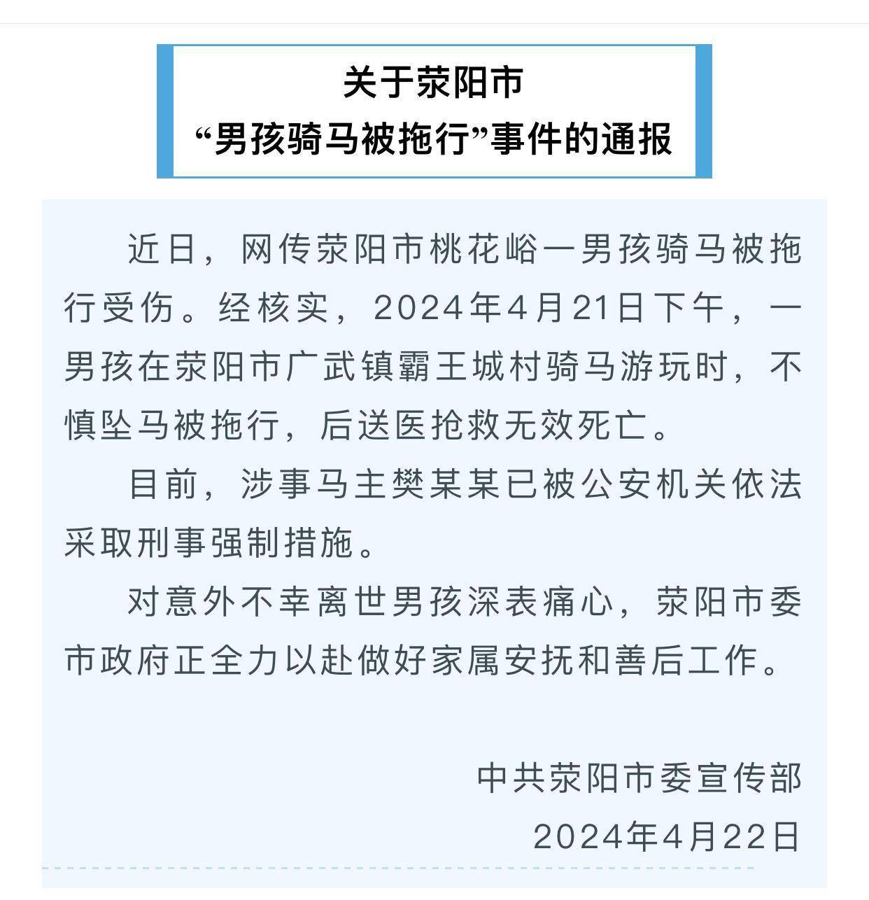 河南荥阳马匹拖行游客,孩子父亲发声:遗憾没给孩子佩戴头盔