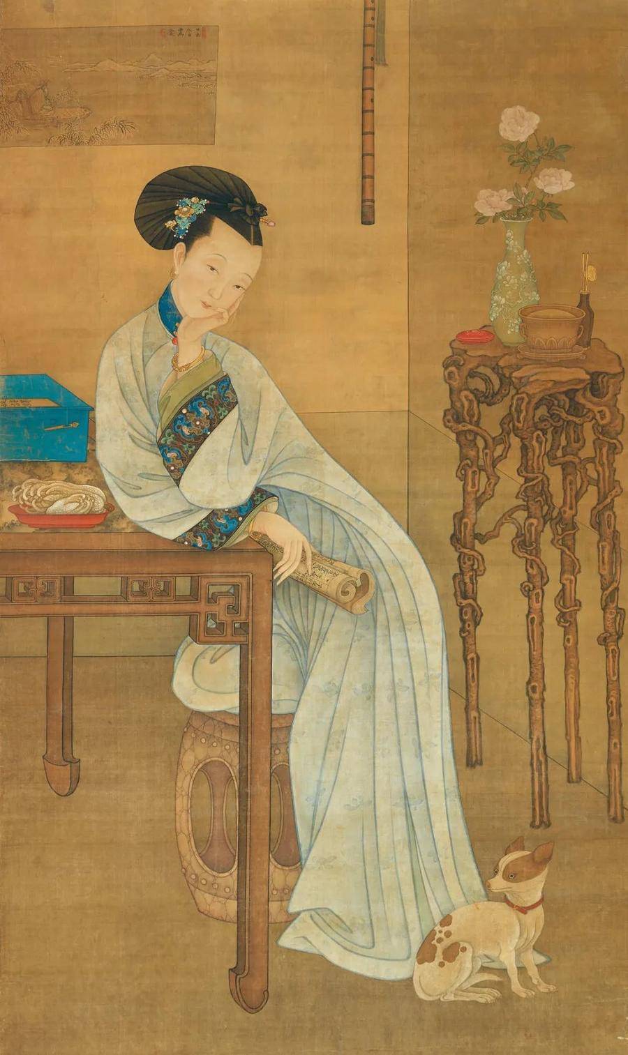 《春闺倦读图》冷枚清代 天津博物馆藏《春闺倦读图》以一位仕女斜倚