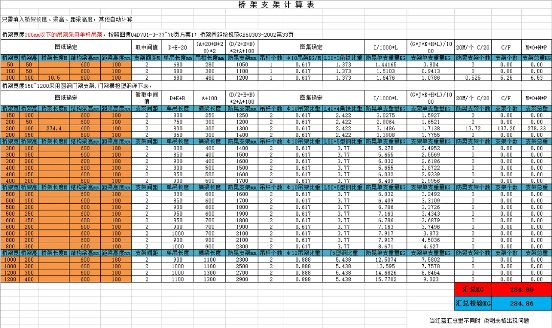 桥架支架计算表(全自动计算)xls