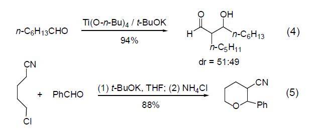 氧杂环腈可以由ω-卤代腈在t-buok作用下发生缩合反应得到(式5)[6].