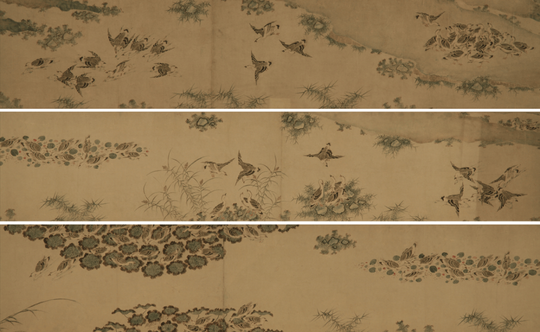 在这幅将近十米的画作中,画家巧妙地表现了260只鸿雁从空中飞抵到沙洲