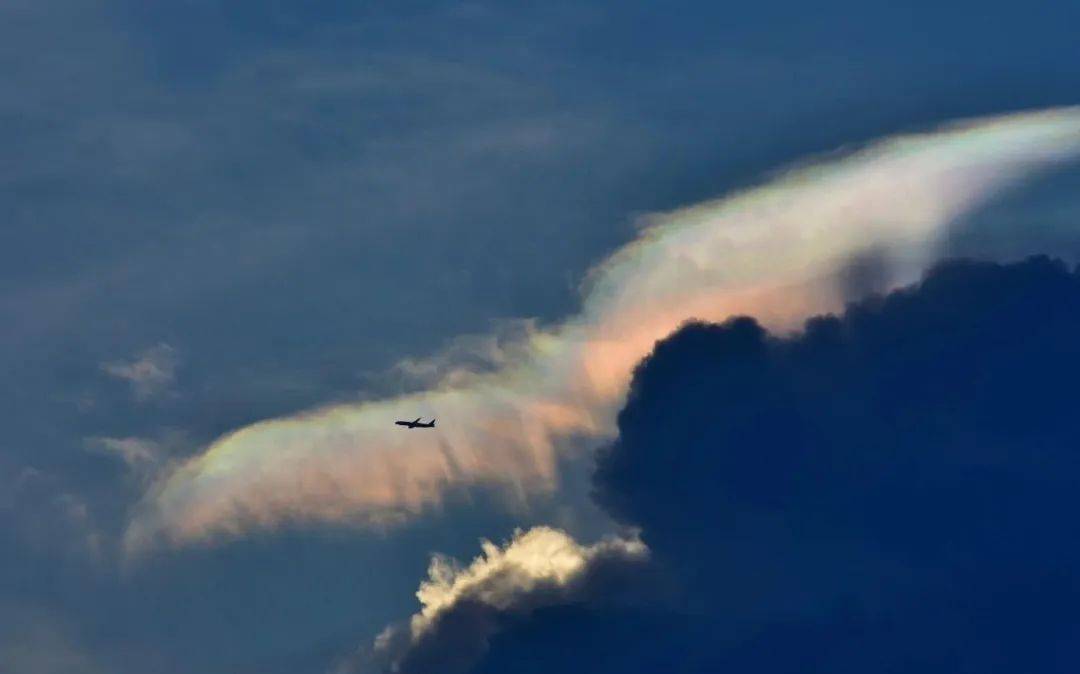 也因此名为"虹彩幞状云"外观看上去如同浓积云的帽子一般覆盖在云顶