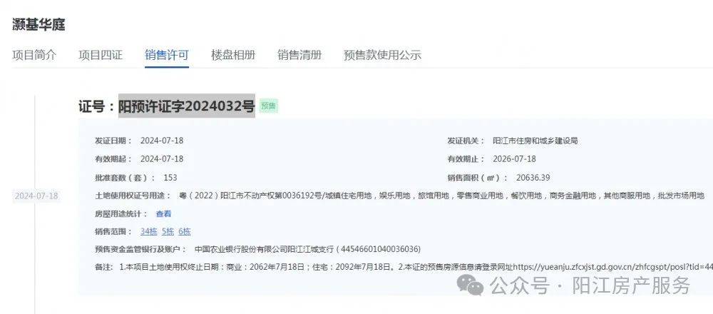 上周灏基华庭新领到一个商品房预售证，预售套数153套_阳江市_面积_来源