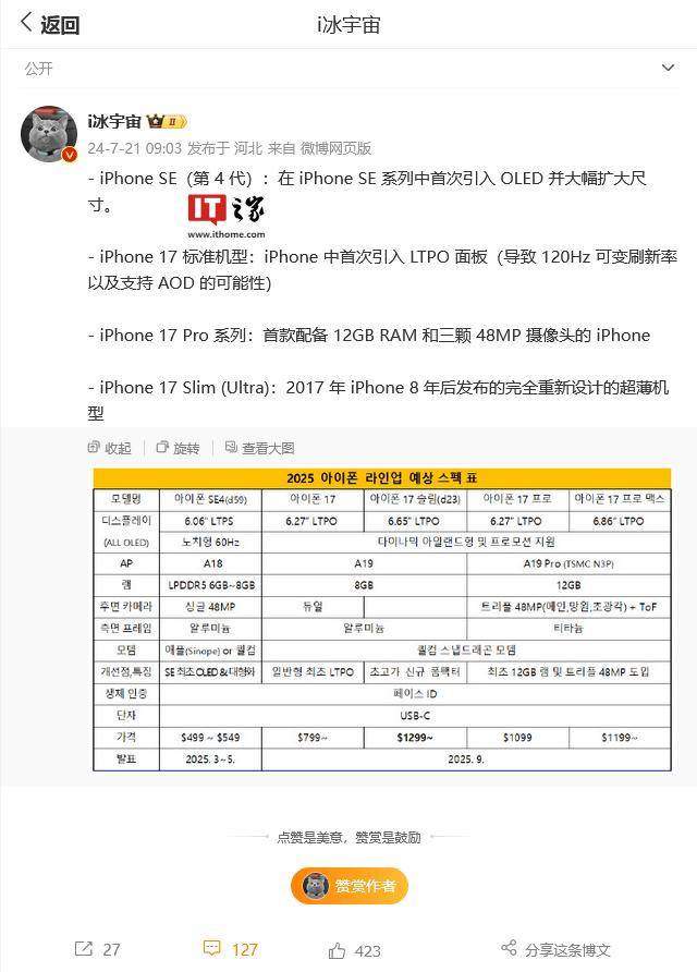 苹果iPhone SE 4和明年iPhone 17系列手机规格曝光