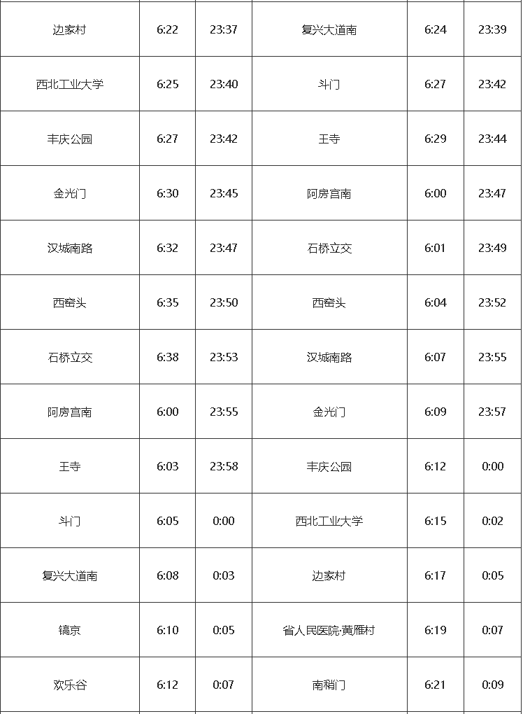 西安地铁运行时刻图图片