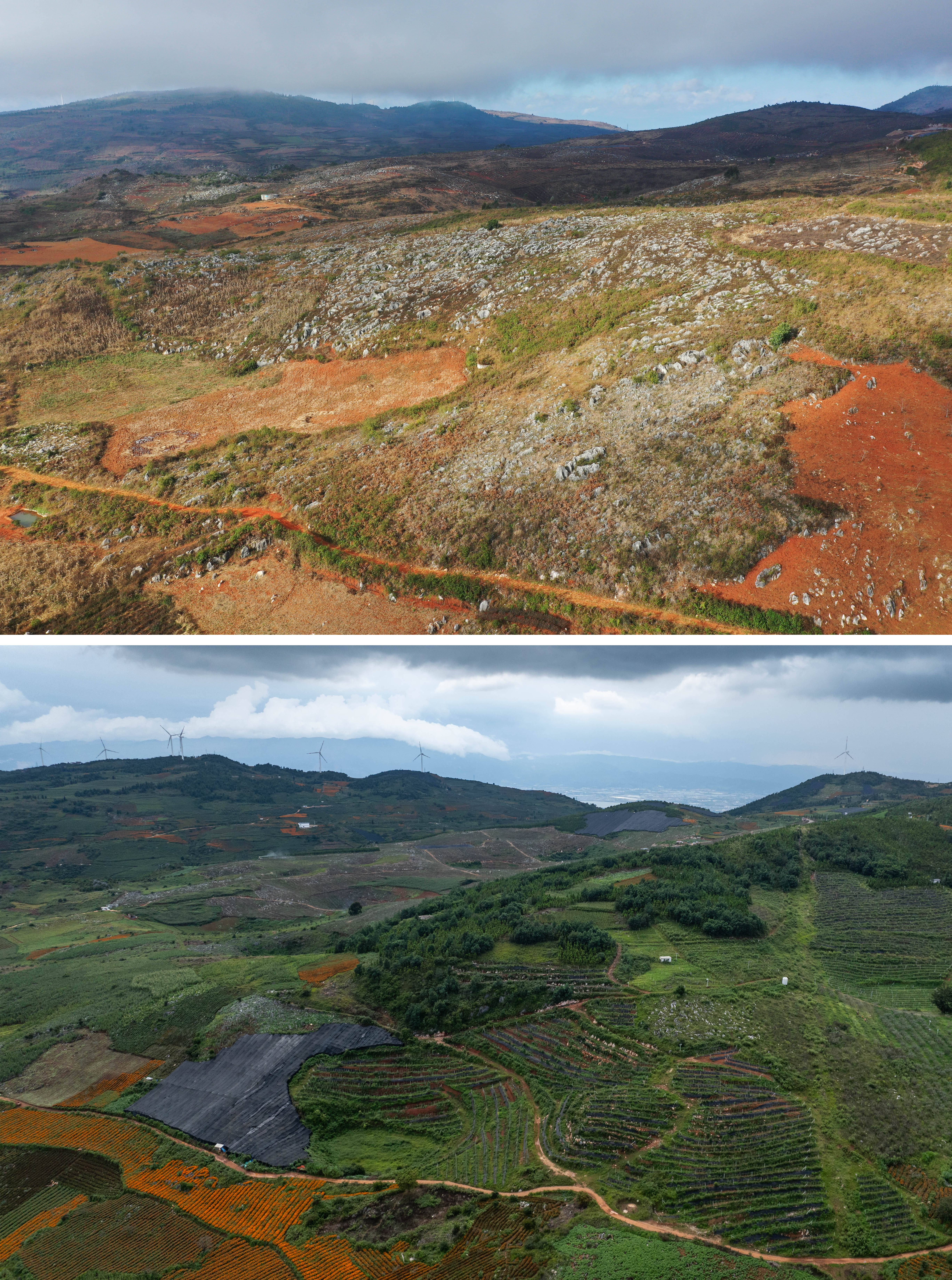 拼版照片,上图为:2019年1月拍摄的云南省红河州蒙自市西北勒乡一景(无