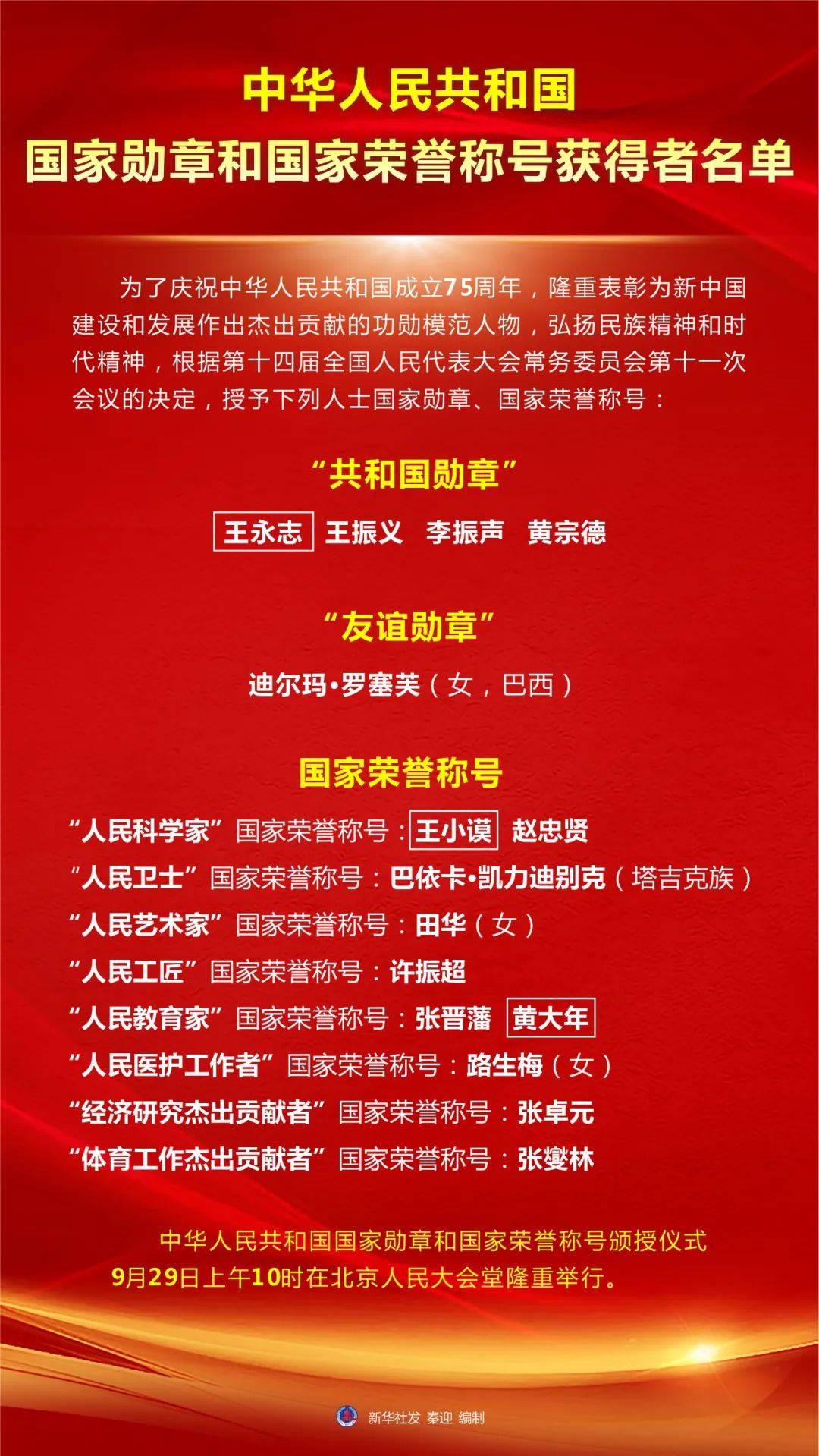 中华人民共和国国家勋章和国家荣誉称号获得者名单_新华社_来源_奖章