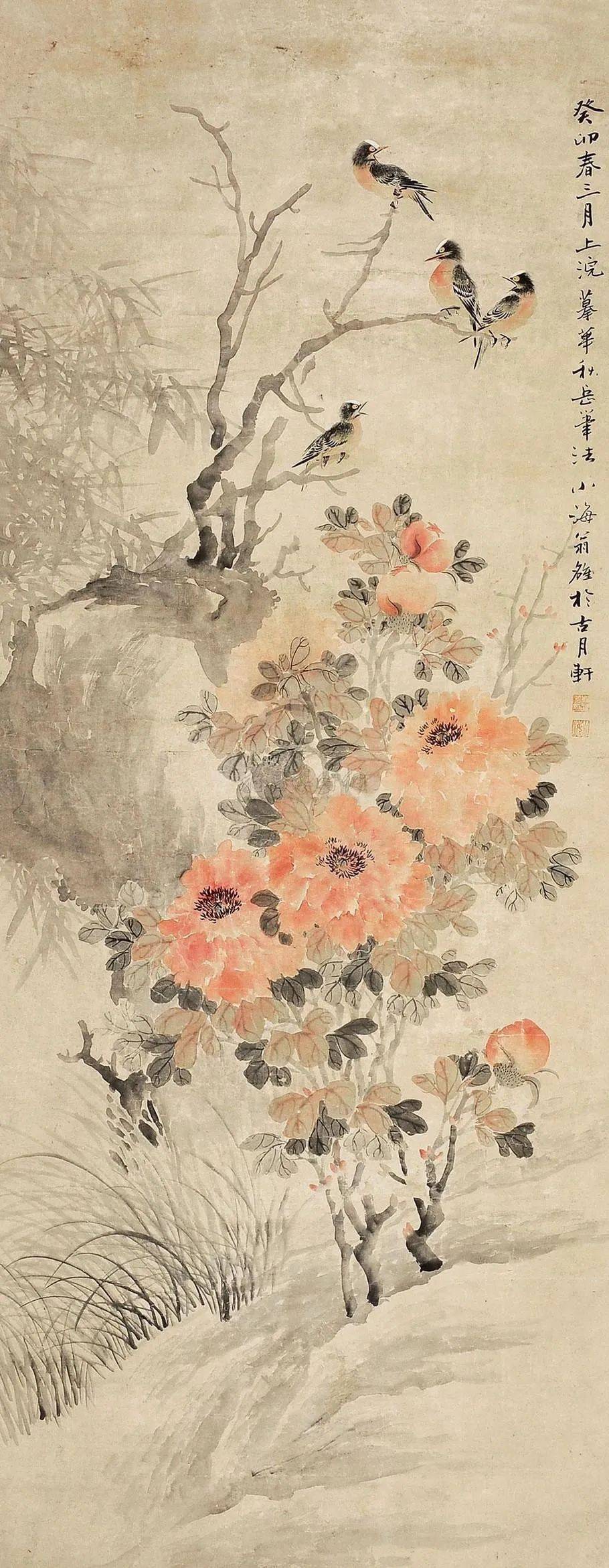 草虫工细逼真,动态十足,可知画家的写生功力非同一般,而对花草,坡石的