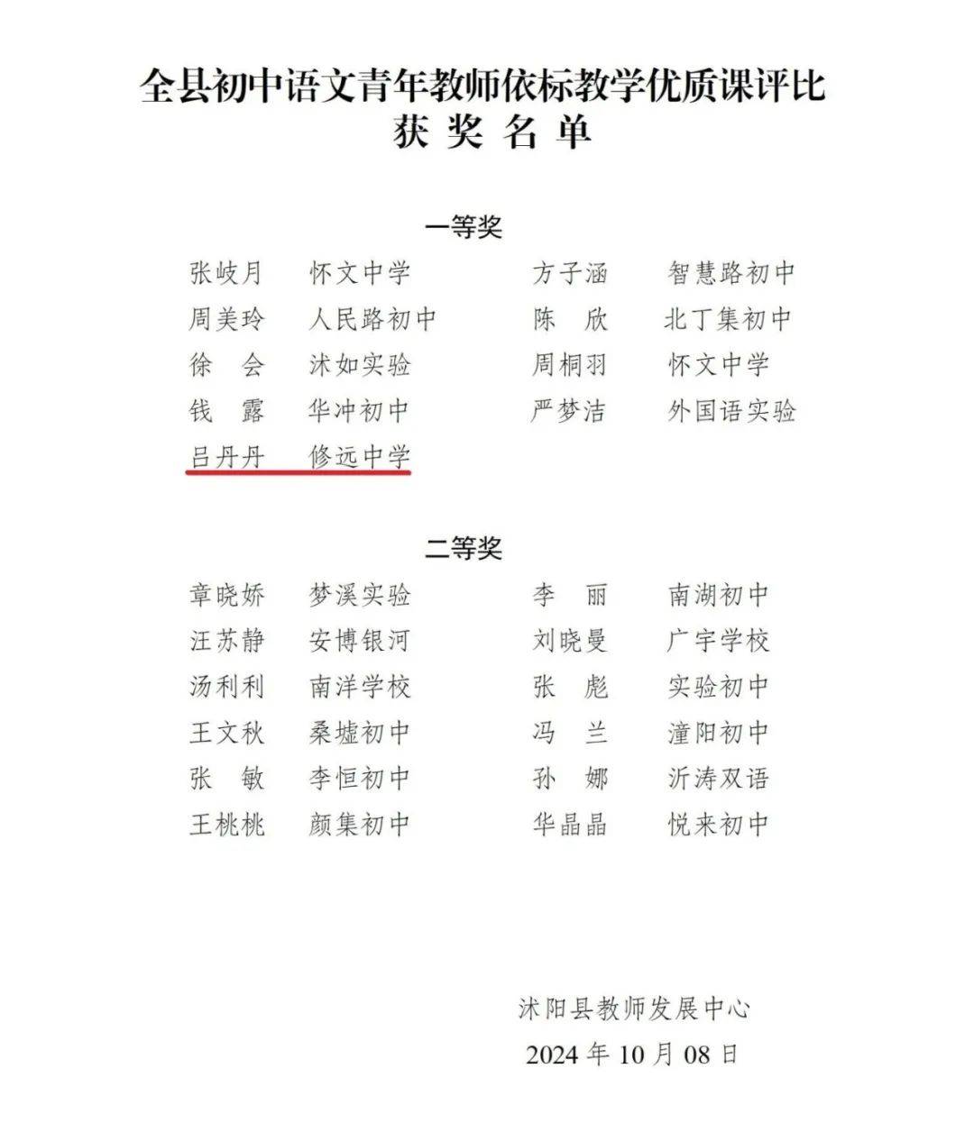 热烈祝贺我校吕丹丹老师在全县初中语文青年教师依标教学优质课评比中