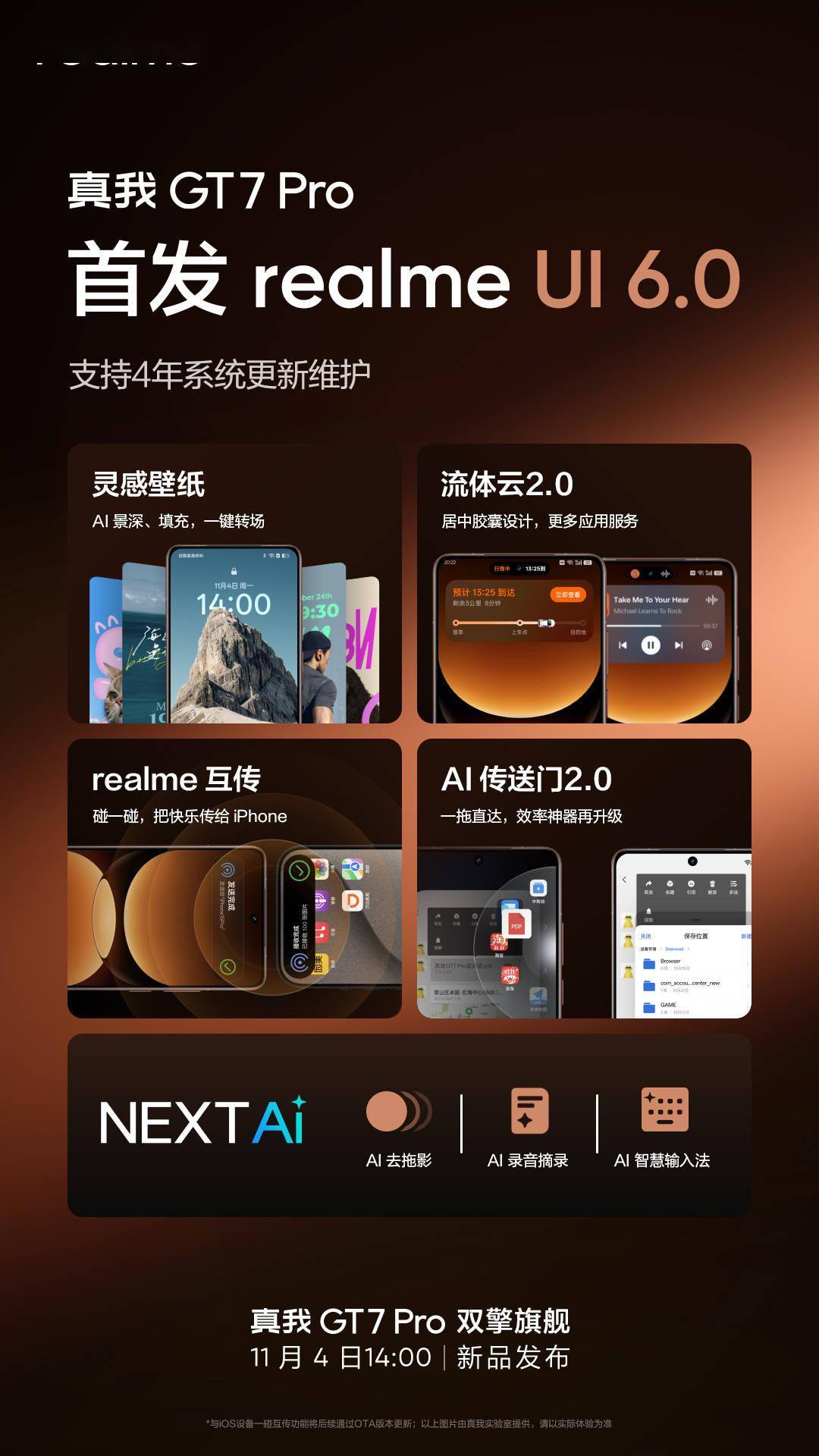 真我 GT7 Pro 首发搭载 realme UI 6.0，支持 4 年系统更新维护