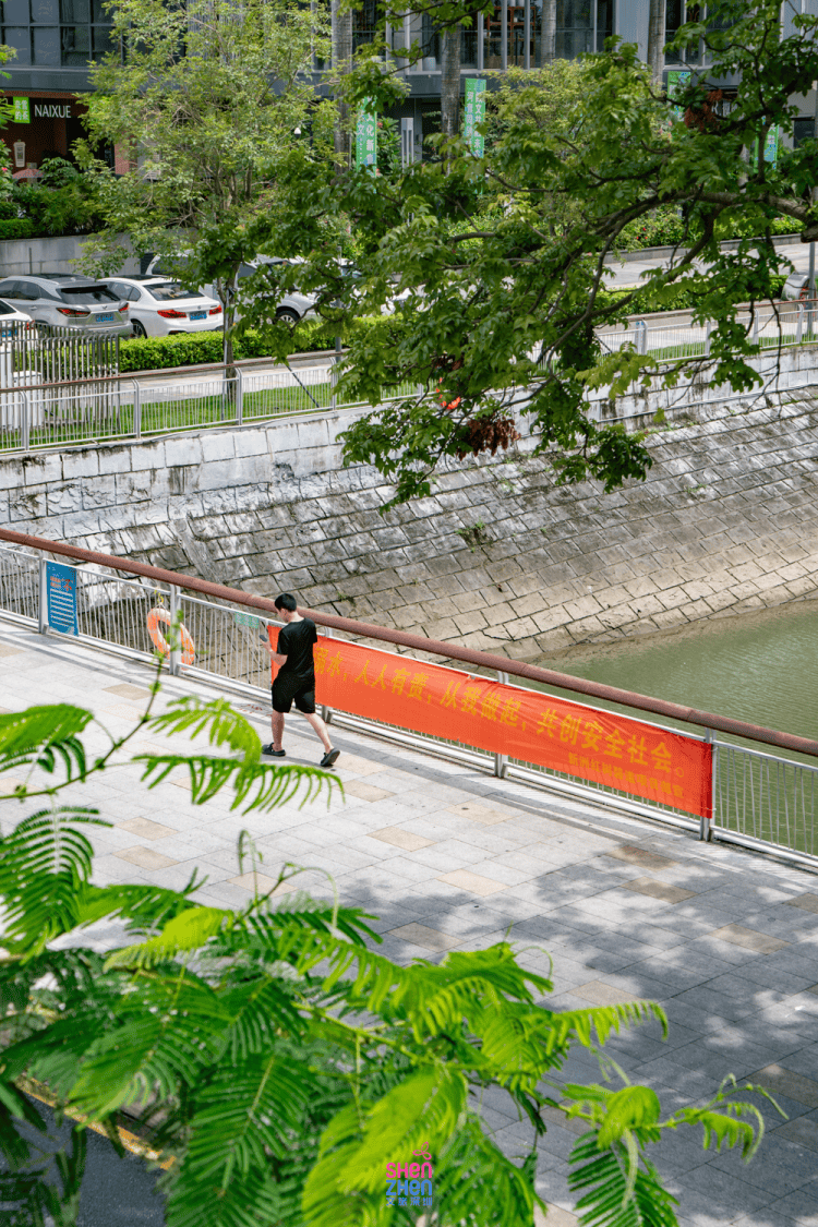 还跨接着河岸两侧道路,提升了来往行人通行的便利性,白色简约的栈桥