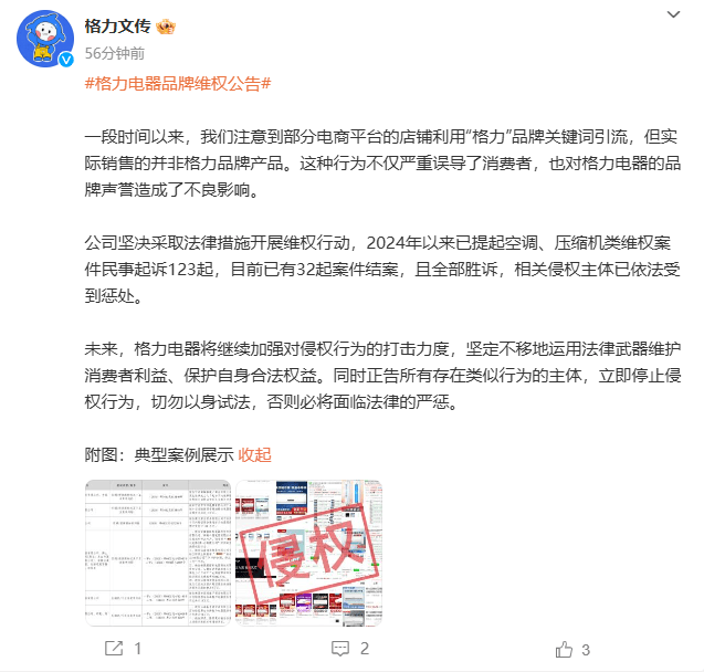 格力电器发布维权公告：已提起123起民事诉讼