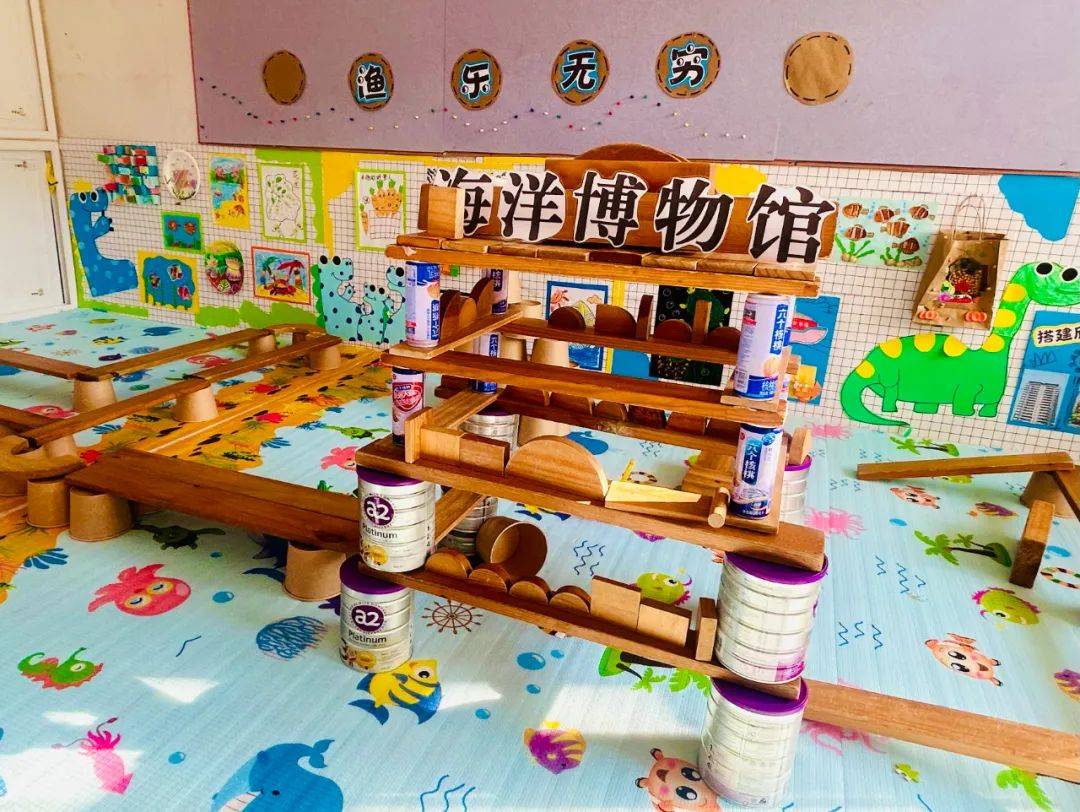 各班区域环创围绕海洋特色开展,以蓝色,海底生物,渔网为元素创设,帮助