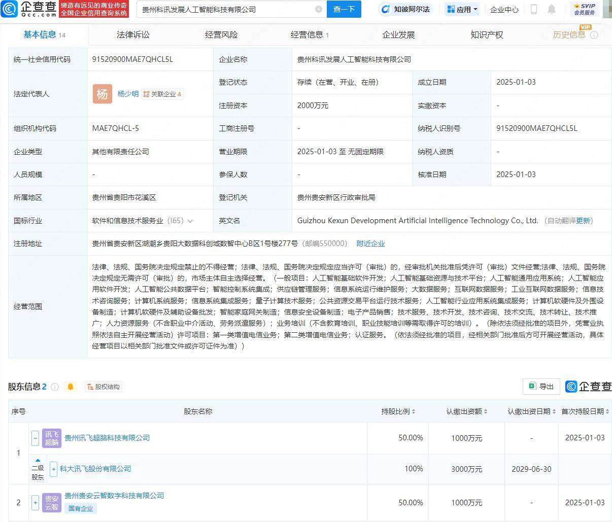 科大讯飞等在贵州投资成立人工智能科技公司