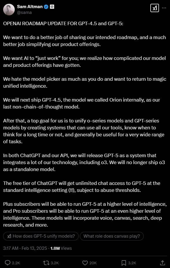 OpenAI CEO透露GPT-5发展规划，免费版ChatGPT将无限制体验新功能