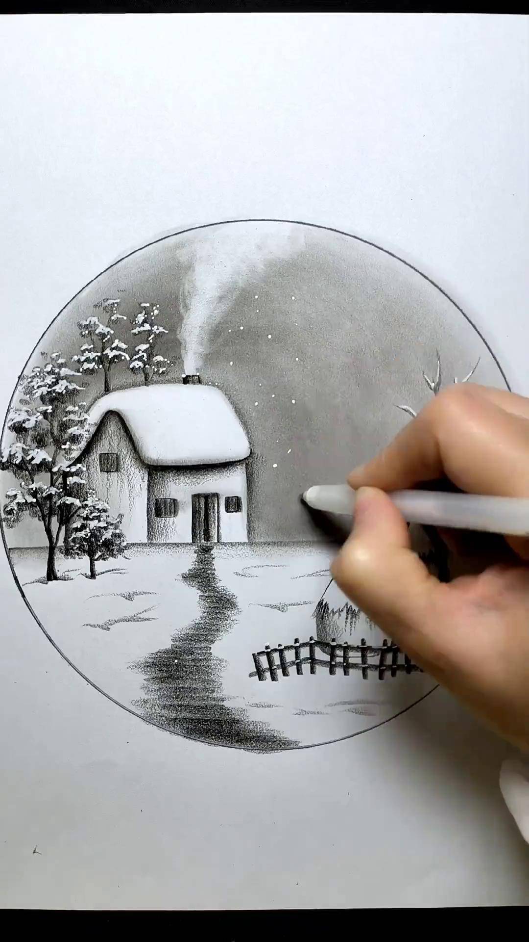 简单画家乡雪景零基础学画画炭笔画炭笔风景画