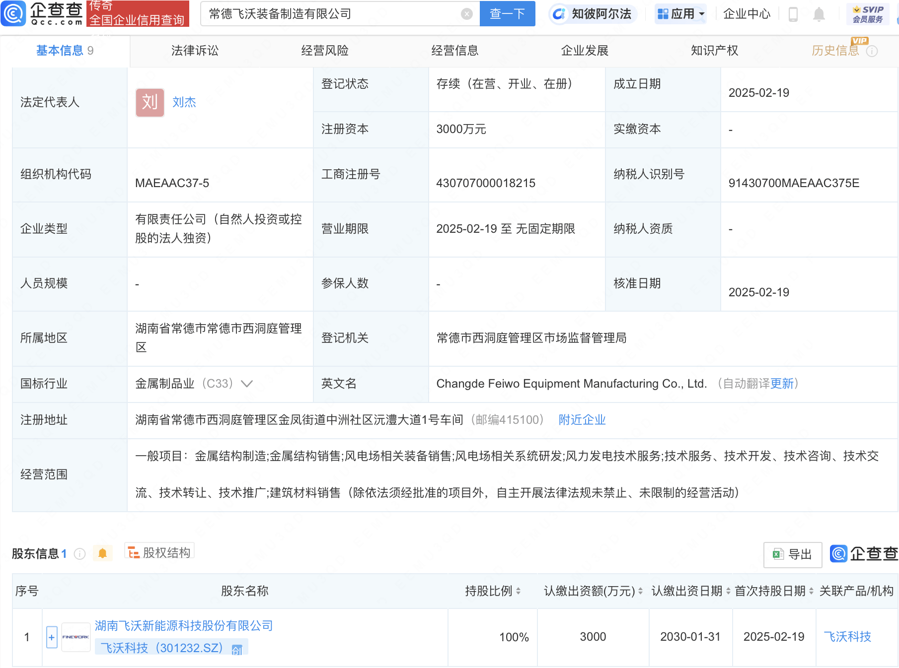 飞沃科技新设装备制造子公司