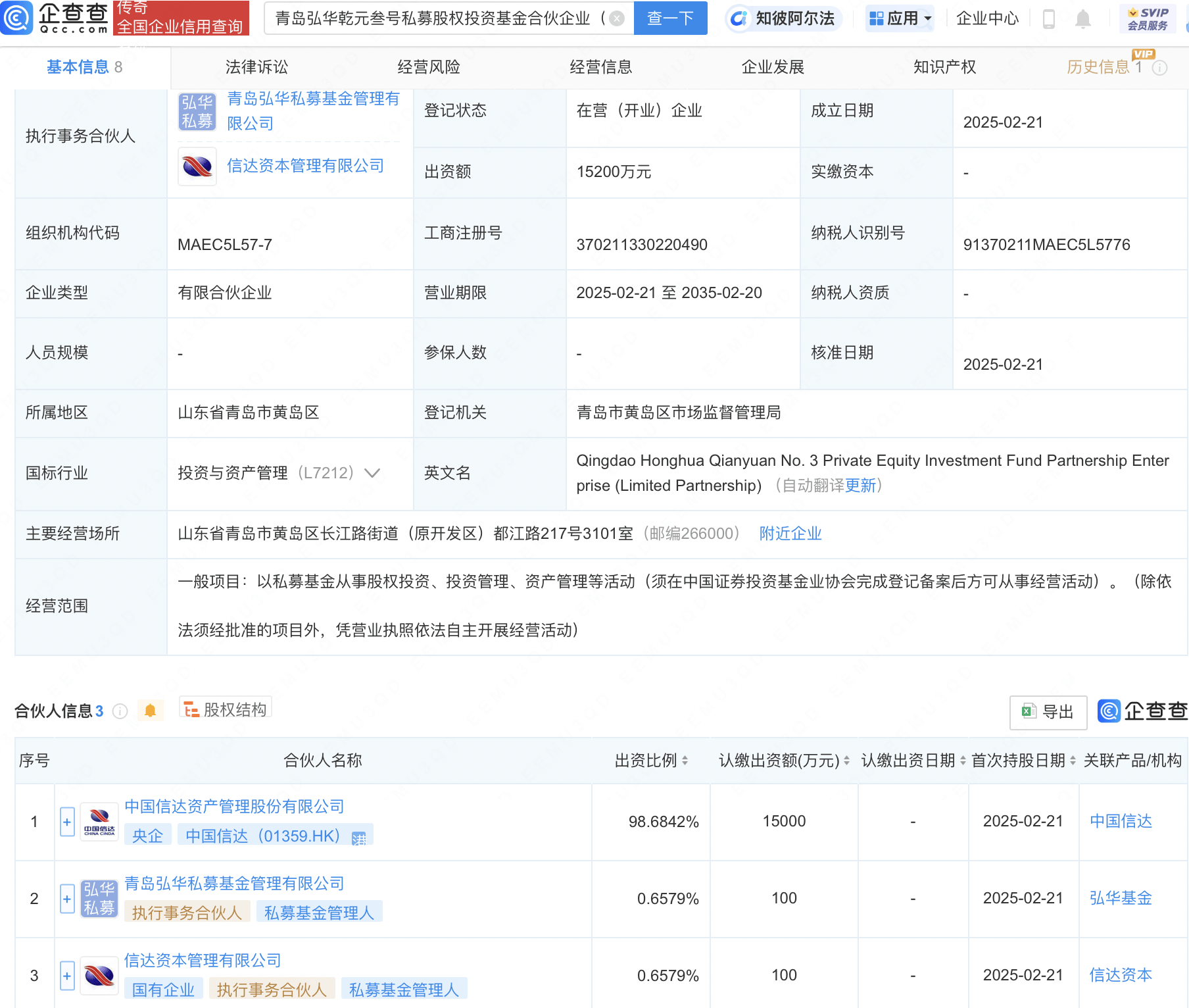 中国信达等成立青岛弘华乾元叁号私募股权投资基金