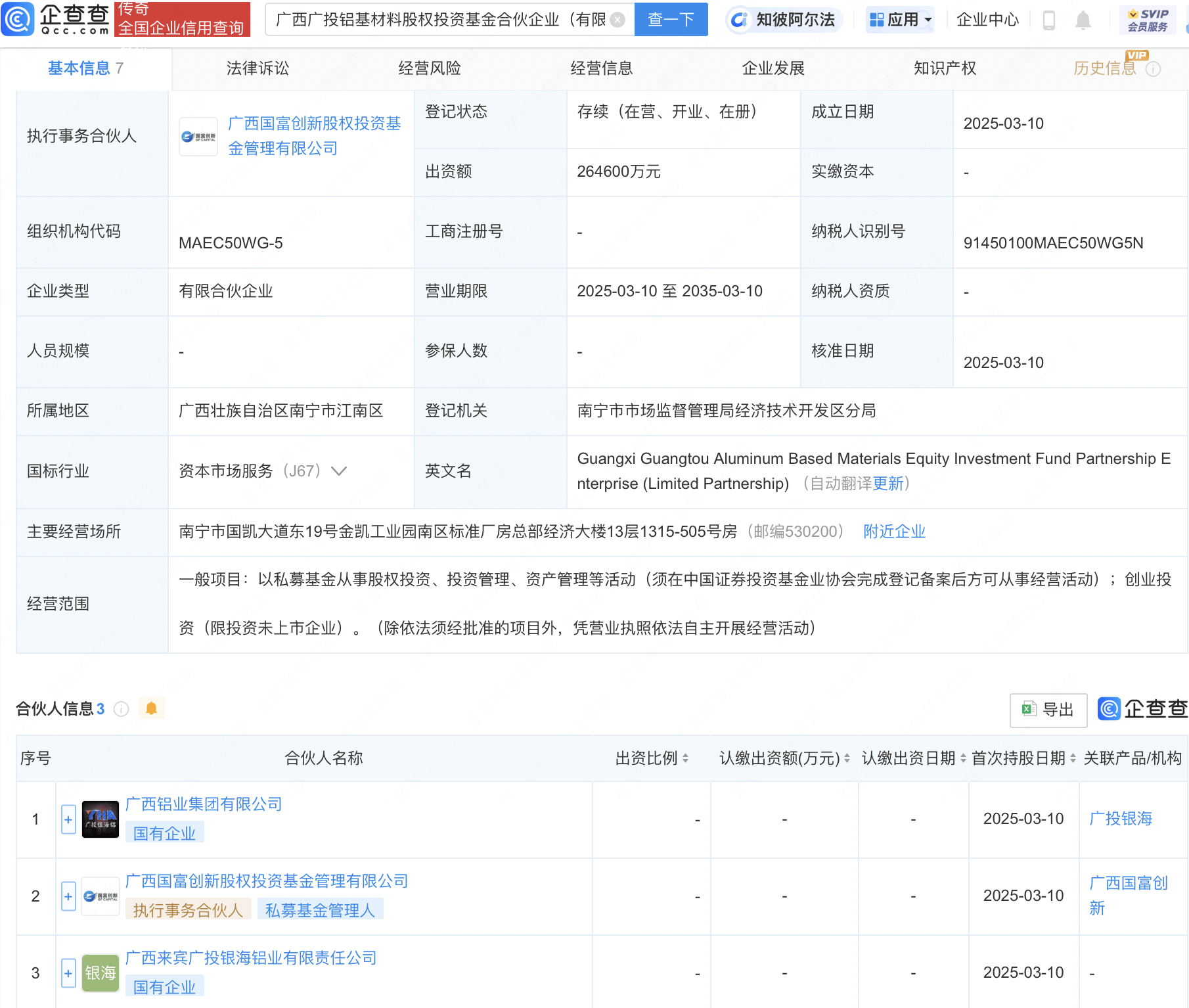 广西广投铝基材料股权投资基金注册成立